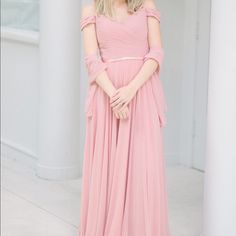 Blush Pink Chiffon Bridesmaid Dress: Off The Shoulder, Pleated Bodice, Satin Waistband, Corset Back Small Bust: 35 In Waist: 27 In Hip: 40 In Medium Bust: 38 In Waist: 29 In Hip: 42 In Large Bust: 41 In Waist: 33 In Hip: 46 In Pink Floor-length Maxi Dress With Pleated Bodice, Pink Floor-length Dress With Sheer Bodice, Pink Chiffon Floor-length Dress, Pink Chiffon Maxi Dress V-neck, Pink Floor-length Chiffon Bridesmaid Dress, Cinderella Divine, Pleated Bodice, Large Bust, Small Bust