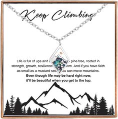 PRICES MAY VARY. MOUNTAIN NECKLACE: This mountain necklace, features mountains and pine trees. Life is full of ups and downs, and pine trees are rooted is strength, growth, resilience and wisdom. Great inspirational gifts for women, gifts for daughter, niece, granddaughter. INSPIRATIONAL GIFTS IDEA: Mountain Necklace, packaged in a high quality gift box, come with a "Keep Climbing" inspirational gift card. Great inspiratinal gifts for women girls, hike lover gifts, camping lover gifts, climbing Gifts For Hikers, Inspirational Gifts For Women, Mustard Seed Necklace, Seed Necklace, Mountain Necklace, Camping Lovers, Tree Necklace, Women Gifts, Best Birthday Gifts