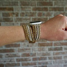 Bling Khaki Rhinestone and Studded Double Wrap Apple Watch Band Strap iWatch, Series 1, 2, 3, & 4, S Adjustable Gold Watch Band, Adjustable Gold Apple Watch Band, Gold Adjustable Watch Band As Gift, Gold Adjustable Watch Bands As Gift, Smart Jewelry, Wearable Tech, Silver Buttons, Great Bands, Brown Sandals