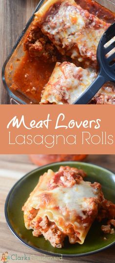 meat lovers lasagna rolls with cheese and sauce in a casserole dish