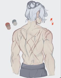 A digital drawing of a pale skinned, slightly muscular man with faded, dull, pink scars on his back, and his black streaked, white hair, tied up into a bun. 
A signature with the initials “MW” is written on the canvas, which stands for the artist’s name, “MutedWoodlands” Scar Back Drawing, Scar On Body Drawing, Face Scars Ideas Oc, Healed Scar Drawing, Scarred Body Reference Female, Healed Burn Scar Reference Drawing, Scarred Back Reference, Battle Scar Reference, Claw Scar Reference Drawing