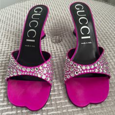 Pink Crystal Slides In Very Good Condition Slight Discoloration By Toe 65mm Heel Gucci Shoes, Pink Crystal, Slides, Women's Shoes Sandals, Shoes Sandals, Satin, Gucci, Sandals, Women Shoes