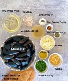 the ingredients for mussels laid out in bowls