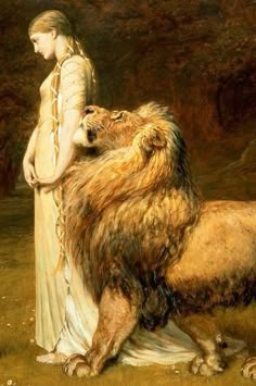 a painting of a woman standing next to a lion