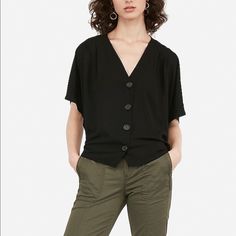 Pitch Black Button Front Super Chic Can Be Dressed Up Or Down Brand New With Tag Black V-neck Shirt With Buttons, Casual V-neck Top With Back Button Closure, Black Relaxed Fit Tops With Buttons, Casual Black Tops With Buttons, Chic V-neck Tops With Snap Buttons, Black Button-up Casual Top, Versatile Black Button-up Shirt, Black Button-up Top For Work, Black Casual Tops With Button Closure