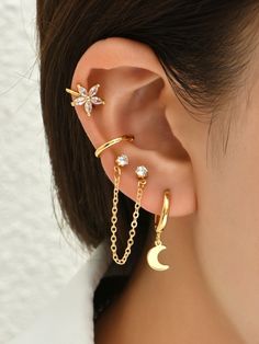 Earring Sets For Multiple Piercings Wedding, Earrings Sets For Multiple Piercings, Gold Earrings Set Of 3, Yellow Gold Ear Piercings, Gold Dangle Pierced Ear Cuff, Best Ear Piercings, Earring Sets For Multiple Piercings Gold, Gold Alloy Crystal Earrings For Pierced Ears, Ear Piercing Sets Opal