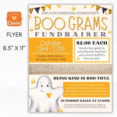 the flyer for boograms fundraiser is shown in orange and white with an image of a ghost