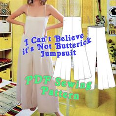 a woman standing in front of a sewing machine with the words i can't believe it is not butterick jumpsuit