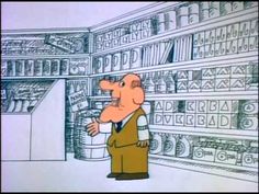 a cartoon character standing in front of a book shelf filled with books and other items