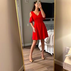 Red Dress With Off Shoulder Detail Red A-line V-neck Dress For Spring, Red V-neck Dress For Spring Date Night, Red V-neck Midi Party Dress, Chic Red V-neck Dress For Formal Occasions, Chic Red V-neck Midi Dress, Red A-line Midi Dress For Brunch, Spring Red V-neck Dress For Night Out, Red Fitted A-line V-neck Dress, Red A-line Dress For Brunch