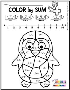 the color by sum worksheet with an image of a penguin and numbers on it