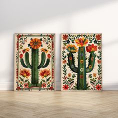 two framed pictures with flowers and cactus on them, one is painted in bright colors