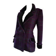 Chic vintage EMANUEL UNGARO regal purple, fuchsia, and green wool tartan plaid jacket! Collar, front pockets, and sleeve cuffs are trimmed in luxurious black velvet. Double breasted style, with a great fit! Looks great with a skirt, yet perfect with jeans. Can be left open, with the sleeves scrunched up for a casual look. Fully lined. In great condition. Incredibly well made. Made in Italy. Approximately Size Large Measurements: 46 inch bust 36-38 inch waist Green Velvet Blazer, Green Velvet Jacket, Cocoon Jackets, Purple Blazer, Ruched Sleeve Blazer, Emanuel Ungaro, Purple Jacket, Blazer Designs, Velvet Blazer