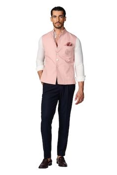 Pink sleeveless nehru jacket with crest embroidery. - Aza Fashions Elegant Cotton Nehru Jacket For Semi-formal Occasions, Elegant Semi-formal Cotton Nehru Jacket, Festive Nehru Jacket For Workwear, Fitted Cotton Nehru Jacket For Semi-formal Occasions, Traditional Nehru Jacket For Spring Workwear, Elegant Cotton Nehru Jacket For Spring, Crest Embroidery, Nehru Jacket For Men, Placement Embroidery