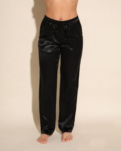 Silk pants designed for sleepwear or loungewear. Luxurious 100% silk. Drawstring waist with silk tie. Wide leg style full length pants. Hand wash in cold water, do not dry in dryer. Black Sleep Bottoms Long Pants, Black Sleep Bottoms, Black Long Pants For Sleep, Black Pants For Relaxation, Black Relaxed Fit Sleep Pants, Black Satin Loungewear Bottoms, Casual Satin Loungewear Bottoms, Casual Satin Bottoms For Loungewear, Black Long Pants For Pajama Party