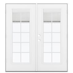 a white double door with blinds on the top and side panels, in front of a white background