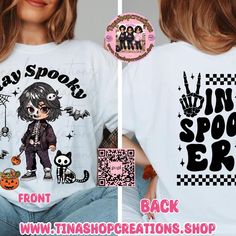 Welcome to Tinashopcreations! We're excited for you to have a fantastic shopping experience with us. Discover our latest 'Stay Spooky' Design, a must-have for any fan of the spooky season! Adorned on the front, back, and sleeves, it's ideal for trick-or-treating, Halloween gatherings, or simply injecting some festive cheer into your Halloween festivities. Offered in an array of colors and sizes, this design promises to awaken the spooky spirit within. Place your order now and stylishly step into Emo Graphic Print Tops For Halloween, Spooky Halloween Tops, Emo Short Sleeve Tops For Halloween, Emo Style Short Sleeve Tops For Halloween, Emo Halloween Tops With Graphic Print, Spooky Halloween Shirt With Character Print, Emo Halloween Graphic Print Tops, Emo Crew Neck T-shirt For Halloween, Emo Halloween T-shirt With Graphic Print