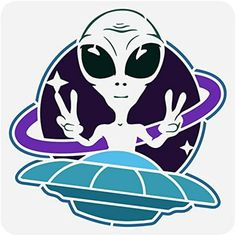 an alien holding up two fingers in front of a spaceship with the word aliens on it