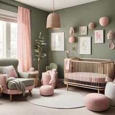 a baby's room with green walls and pink accessories on the floor, including a crib