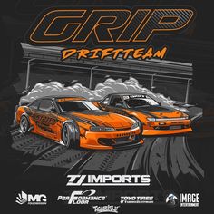 two orange sports cars driving down a track with the words grid driftteam on it