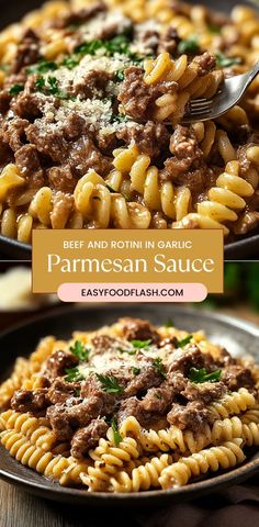 beef and rotini in garlic parmesan sauce on a plate with a fork