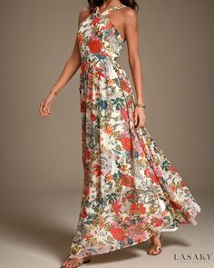 Lasaky - Cotton Floral Print Maxi Dress with Spaghetti Straps Flowy Maxi Dress With Spaghetti Straps And Floral Print, Flowy Floral Print Maxi Dress With Spaghetti Straps, Flowy Spaghetti Strap Floral Maxi Dress, Spring Printed Maxi Dress With Spaghetti Straps, Printed Maxi Dress With Spaghetti Straps For Spring, Floral Print Halter Neck Maxi Dress, Floral Print Halter Neck Maxi Dress For Casual Wear, Multicolor Flowy Maxi Dress With Spaghetti Straps, Flowy Multicolor Maxi Dress With Spaghetti Straps