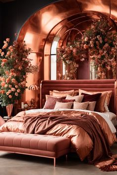 Step into a dreamy copper-infused bedroom, showcasing copper wall decor that radiates luxury. The copper arched mirrors, perfectly framed by floral cascades, create an irresistible allure. A sumptuous bed dressed in silky copper linens anchors the space, complemented by a velvet chaise lounge and copper side tables. This bedroom is a tribute to exquisite elegance and romance. Cozy Bed Ideas Comfy