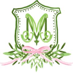 a watercolor drawing of the letter m with green leaves and pink ribbon around it