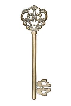 an ornate key with the letter e on it's side is shown in gold