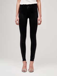 The beloved Marguerite jean with a subtle, yet stunning sheen in black. Tapered leg with longer 30" inseam hugs from hip to ankle, while the contoured waistband defines and slims the natural waist. A lightweight, light-catching coating is added to our premium stretch denim for an element of statement-making sophistication. Sleek High Rise Jeans For Night Out, Elegant Straight Leg Jeans For Night Out, Elegant Stretch Jeans For Night Out, Elegant Fitted Jeans For Night Out, Sleek Black Bottoms With Five Pockets, Elegant Black Pants With Five Pockets, Elegant Fitted Jeans, Elegant Black Full-length Jeans, Elegant Full-length Black Jeans