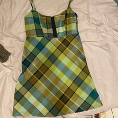 I’ve Only Worn This Dress Once, Trying To Get Rid Of It. Doesn’t Fit Me That Much Anymore. Need Money For School Retro Fitted Mini Plaid Dress, Retro Fitted Mini Length Plaid Dress, Retro Fitted Plaid Mini Dress, Retro Fitted Plaid Summer Dress, Vintage Plaid Mini Dress For Summer, Casual Green Mini Dress For Picnic, Casual Fitted Plaid Dress, Retro Mini Length Plaid Dress, Green Cotton Mini Dress For Picnic