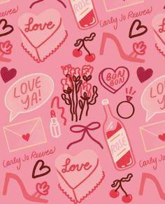 valentine's day seamless pattern with hearts, flowers and love messages on pink background