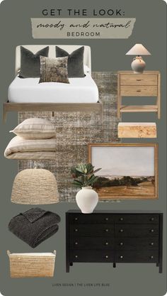 the bedroom is decorated in neutral tones and black, white, and grey colors with text overlay that reads get the look