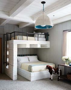 a bedroom with bunk beds and a dog on the floor