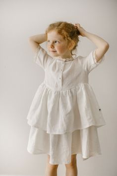 This simply beautiful linen dress is nature and elegance combined - perfect for formal events like wedding, christening, birthday. Your little princess will look adorable and will feel as comfy as possible, without any restrains. Thanks to wide size chart, you can choose this dress for baby girl, for toddler girl or even early teen princess. Dress has short sleeves and cute crocheted details on the neckline and end of sleeves. Choose any of 25 colors according to your liking and wear it on the m Cute Linen Summer Dress, Elegant Summer Baptism Dress For Garden Party, Cream Linen Dress For Garden Party, Summer Baptism Dress With Short Sleeves, Spring Linen Baptism Dress, Linen Dresses For Spring Baptism, Elegant Summer Baptism Dress With Ruffles, Summer Baptism Dress In Cream For Dress-up Occasions, Summer Cream Baptism Dress For Dress-up Occasions