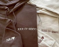 "GF BF Matching Roman Date Hoodies, Embroidered Personalised Anniversary Couple Jumper, Roman Numerals Special Date Top, Custom Initial Hoody Attention: The listing Price Is For One/Individual Product, To Order The Set Containing \"Two Hoodie\" Add Two Hoodies In The Cart And Process Checkout. Please select the thread color and fonts from the below provided options. Specifications: We provides the best quality and value when it comes to personalization/customization on clothing products and acce Initial Sweatshirt, Date Couple, Roman Numerals Dates, Couple Hoodies, Matching Hoodies, Bf Gifts, Hoodie Collection, Embroidered Initials, Gf Bf