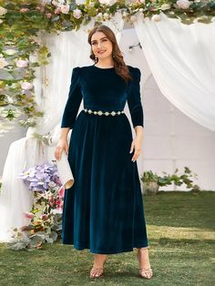 SHEIN Plus Fit And Flare Velvet Dress Without Belt | SHEIN USA Velvet Dress Plus Size, Velvet Wedding Dress, Long Velvet Dress, Dress Dinner, Gigot Sleeve, Midi Wedding Dress, Velvet Wedding, Wedding Cocktail Party