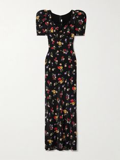 Rodarte's collections are defined by unexpected details and darkly romantic prints. Cut from silk crepe de chine, this dress is printed with vibrant flowers and has a lace-paneled V-neckline framed by puffed sleeves. Subtle gathering along the cups accentuate the small of your waist. Fitted Silk Floral Print Dress, Fitted Silk Floral Dress, Elegant Black Printed Floral Dress, Black Silk Floral Print Dress, Black Silk Dress With Floral Print, Blue Aesthetic Pastel, Vibrant Flowers, Fantasy Gowns, Aesthetic Pastel