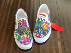 Find the artist in you, and create a unique, one-of-a-kind product! Be inspired by your favorite TV show, pop art, interests, college, camp and more!  CUSTOMIZATION When you add your item to your cart, please write in Personalization bar your vision for the shoes. If you want an all-over design, please list up to 15 desired designs, images and color scheme. Please note that all products are custom and made-to-order, so no two shoes will ever be identical. PRICING All prices include the price of Painted Vans Clogs & Mules, Vans Shoe Painted Slides, Hand Painted Vans School Colors, Coustmize Vans, Sumpsons Themed Painted Slip On Shoes, Shoe Writing Vans, Vans Slip On Artwork, Vans Costumized, Custom Vans Slip On Lv