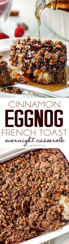 an eggnog dessert is being served on a white platter with the words, cinnamon eggnog french toast