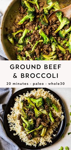 ground beef and broccoli in a skillet with rice