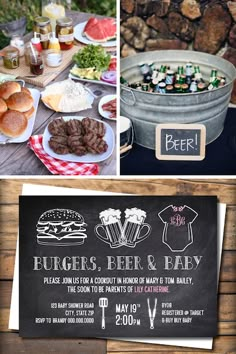 a collage of photos showing different types of food and drinks on display at an outdoor event