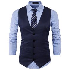 Gender: Men Item Type: Vests Material: Polyester Material: COTTON Style: Casual Model Number: DS Fabric Type: Broadcloth Casual Business Vest With Pockets, Fitted Casual Vest For Business, Casual Single-breasted Business Vest, Blue Vest Outfit Men, Groom Vest, Business Suit Vest, Wedding Waistcoats, Mens Fashion Dressy, Men's Business Suits