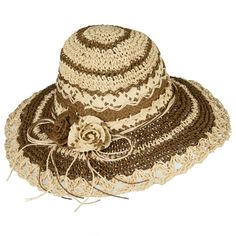 Toyo Braid Zig Zag Striped HatMade of 100% paper straw.ONE SIZE fits most ladies, fitting up to 7 1/4.Fitted with an inner hatband.Adult/Women.Crown measures 3.5 inches deep.Brim measures 3.5 inches wide.Hand wash only.Imported. Paper straw designed sun hat for ladies.Round top crown.Toyo braid hat.Stripe and zig zag design.Self tie accented with 2 flowers is featured around the crown.Edge of brim is scallop designed.Brim is slightly downturned.Easily packable.Our straw sun hat is perfect for pi Brown Crochet Beach Cap, Dressy Hats, Zig Zag Design, Striped Hat, 2 Flowers, Beach Date, Straw Sun Hat, Round Top, Paper Straws