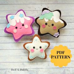 three little felt stars with faces on them and the words pdf pattern below it