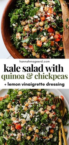 kale salad with quinoa and chickpeas, lemon vinaigrete dressing