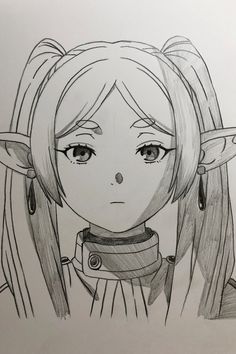 a pencil drawing of a girl with long hair and horns on her head, looking at the