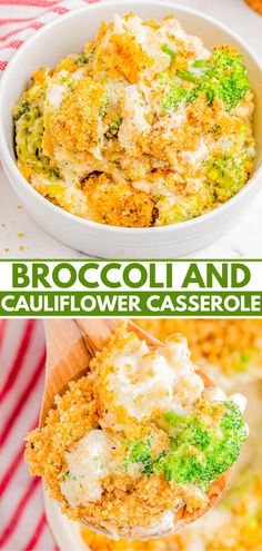 broccoli and cauliflower casserole in a white bowl