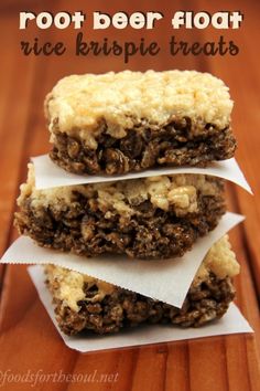 three brownies stacked on top of each other with the words root beer float written above them