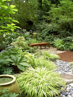 a garden with rocks, plants and a bench